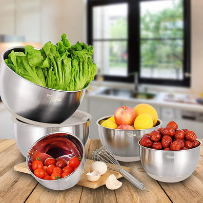 Wildone Mixing Bowls with Airtight Lids Set, 5PCS Stainless Steel Khaki Nesting Bowls for Kitchen, with Grater Attachments & Non-Slip Bottoms, Size 5, 3, 2, 1.5, 0.63 QT, Great for Mixing & Serving