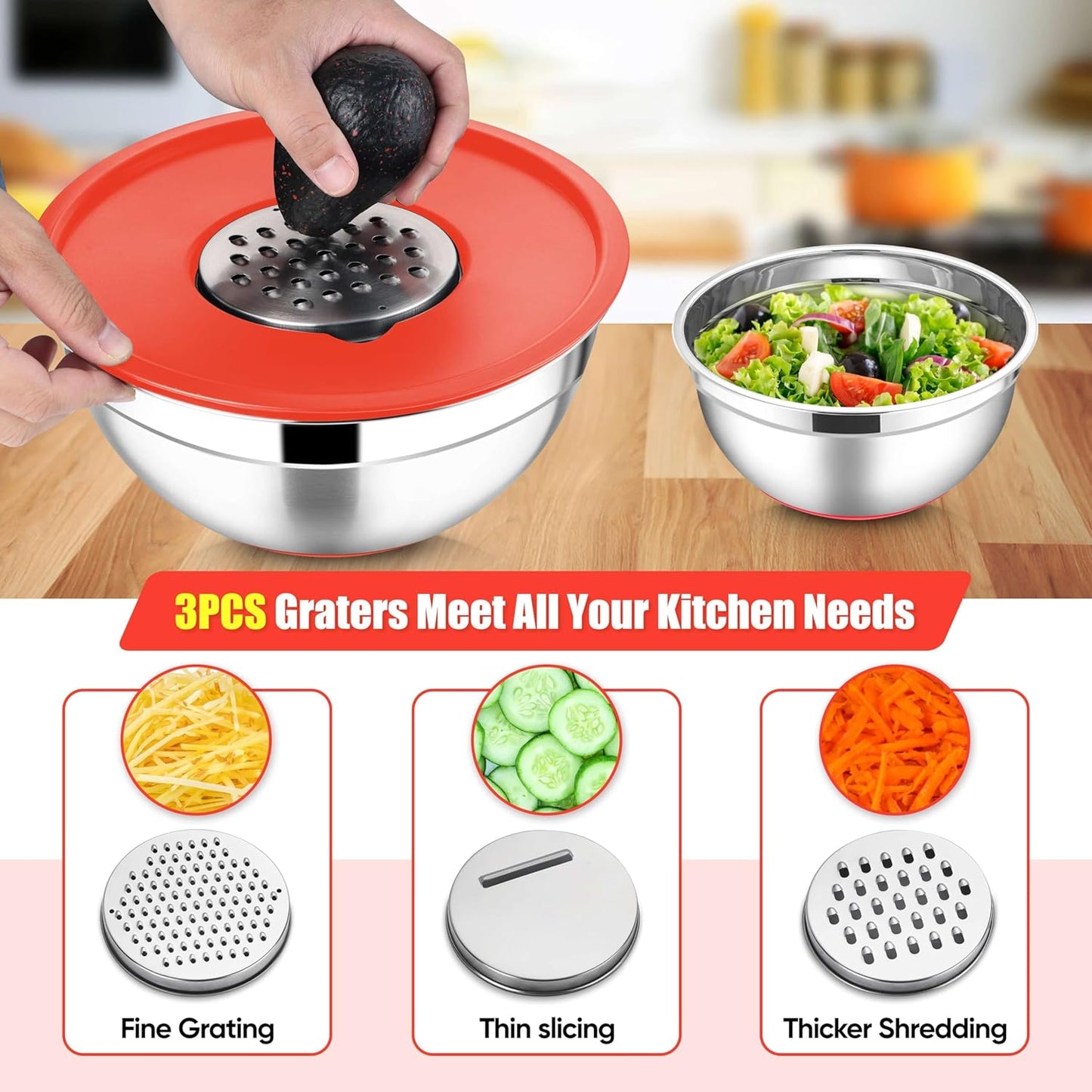 E-far Stainless Steel Mixing Bowls with Lids Set, 5-Piece Nesting Salad Bowls with 3 Grater Attachments and Non-Slip Bottoms, Size 4.6, 2.6, 2, 1.5, 1QT for Kitchen (Black)