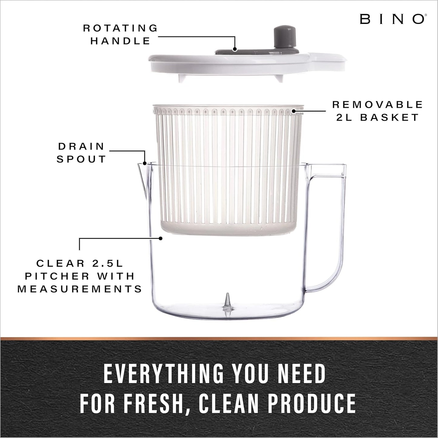 BINO | Salad Spinner - 2.6 Qt | Small Manual Lettuce Spinner with Built-in Draining System | Salad Spinner, Colander, and Water Pitcher in One | Fruit & Vegetable Basket Colander | Kitchen Gadgets