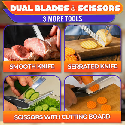 2 in 1 Kitchen Scissors for Food – Stainless Steel Blade & Plastic Cutting Board Scissors with Safety Lock | 9.5" Tomato Knife, Fruit & Vegetable Cutter – Easy-to-Use Kitchen Shears for Meat, Cheese