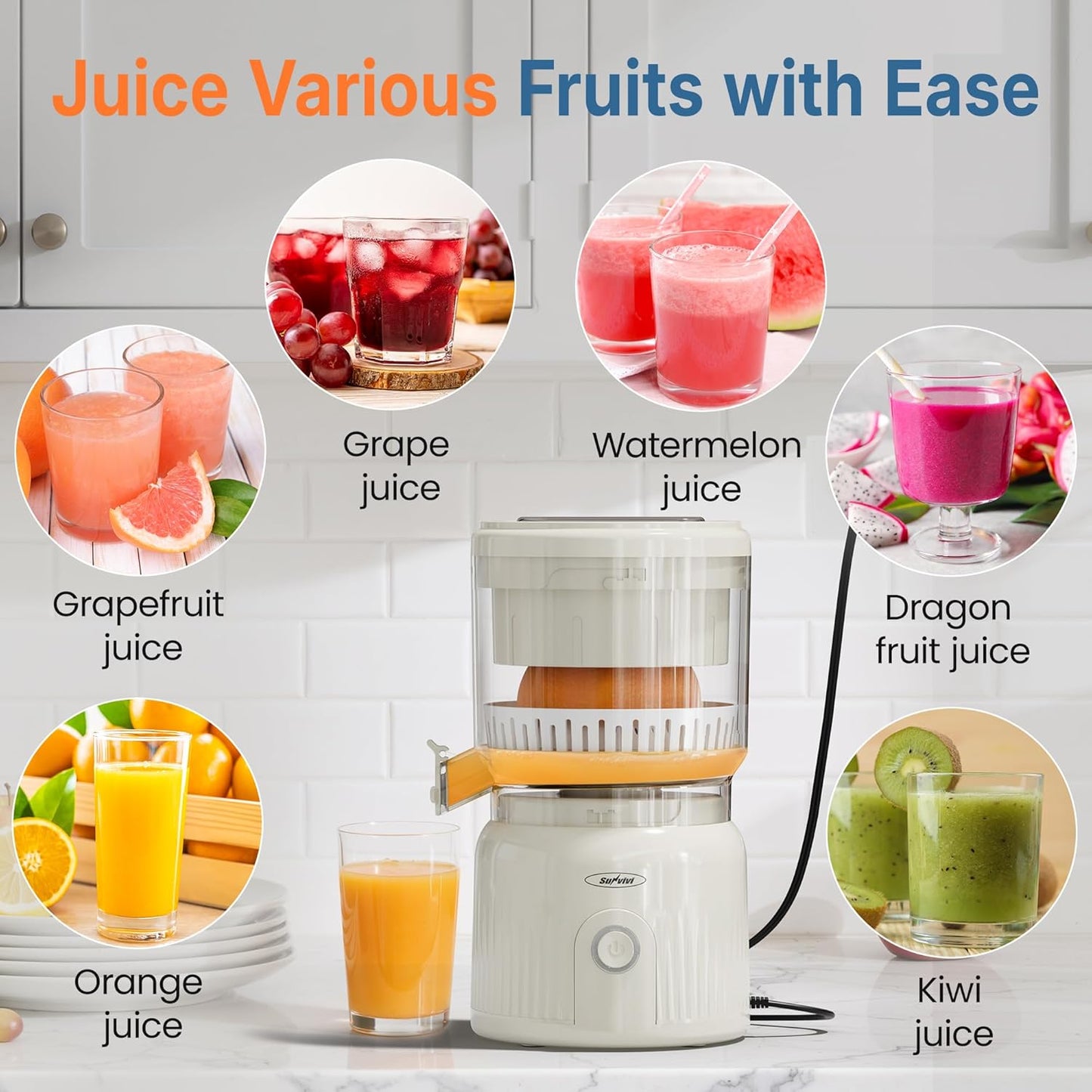 Sunvivi Electric Citrus Juicer, 90W Automatic Juice Squeezer with High-Speed 15,000 RPM, Ideal for Orange, Lemon, and Soft Fruits, Compact and Easy to Clean, Includes Cleaning Brush, White