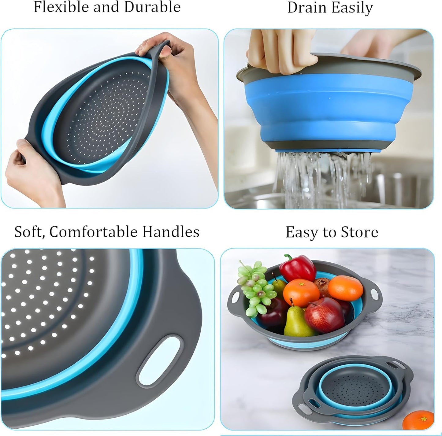UVB Foldable Silicone Colander with 2 Stainless Steel Hooks & Collapsible Funnel, Kitchen Strainer Basket for Pasta, Fruit and Vegetables, Space Saving Sink Colander for Home Kitchen – Red