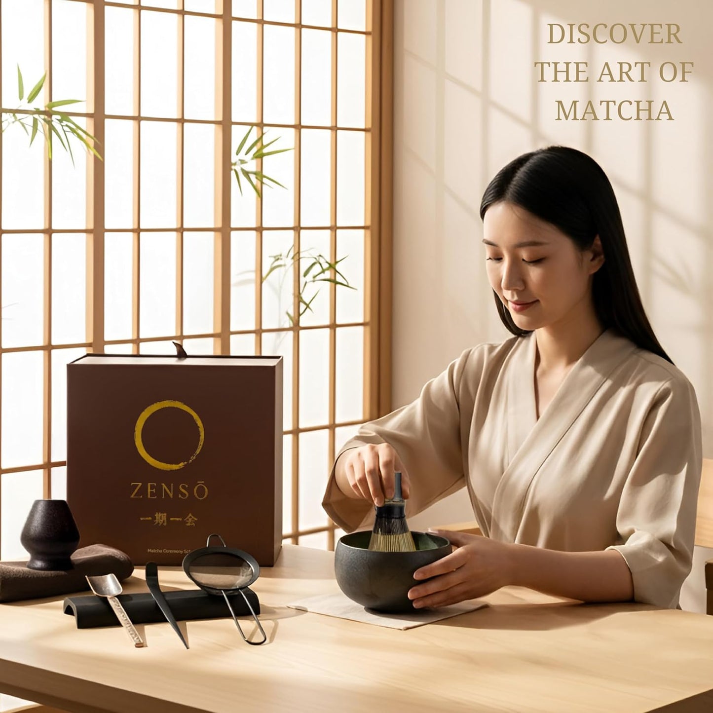 ZENSO Premium Matcha Whisk Set – 8 Piece Japanese Matcha Tea Ceremony Kit | Handmade Ceramics - Matcha Bowl, Purple Bamboo Whisk, Whisk Holder, Sifter, Scoop & Scoop Holder, Tea Cloth, Tea Spoon