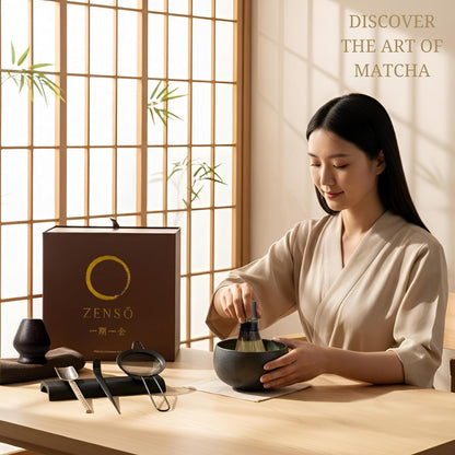 ZENSO Premium Matcha Whisk Set – 8 Piece Japanese Matcha Tea Ceremony Kit | Handmade Ceramics - Matcha Bowl, Purple Bamboo Whisk, Whisk Holder, Sifter, Scoop & Scoop Holder, Tea Cloth, Tea Spoon