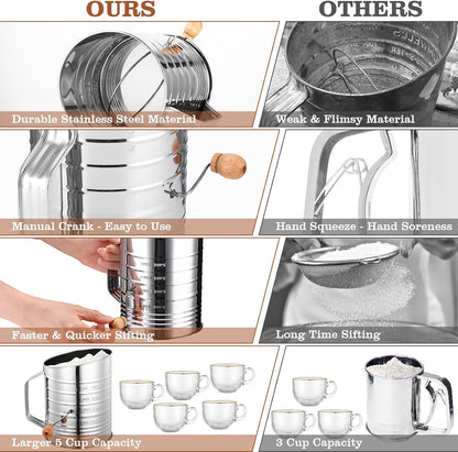 Flour Sifter for Baking, 304 Stainless Steel 5 Cup Flour Sieve Fine Mesh Screen Powder Sifters with Loop Agitator for Quick Sifting, Hand Crank Sifter for Cooking Baking Kitchen Sugar Utensil DIY