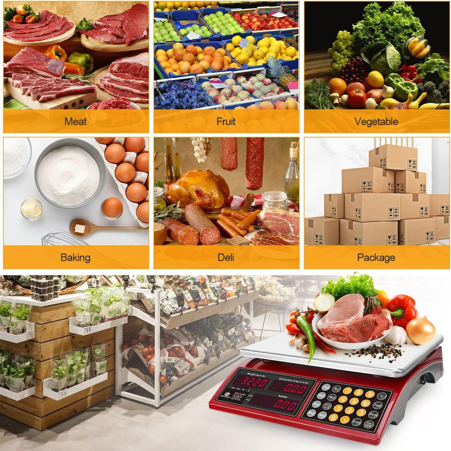 Commercial Food Scale 66lb/30kg, High Precision Digital Price Computing Scale for Farmers Marke, Deli, Dual Backlit LCD Display, Stainless Steel Platform, Rechargeable Battery for Produce Meat