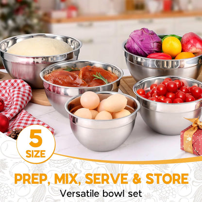 Onader Mixing Bowls with Lids Set of 6, Large Metal Nesting Mixing Bowls, Stainless Steel Non-Slip Salad Bowl Khaki – Size 1, 1.5, 2, 2.6, 3.5, 7QT