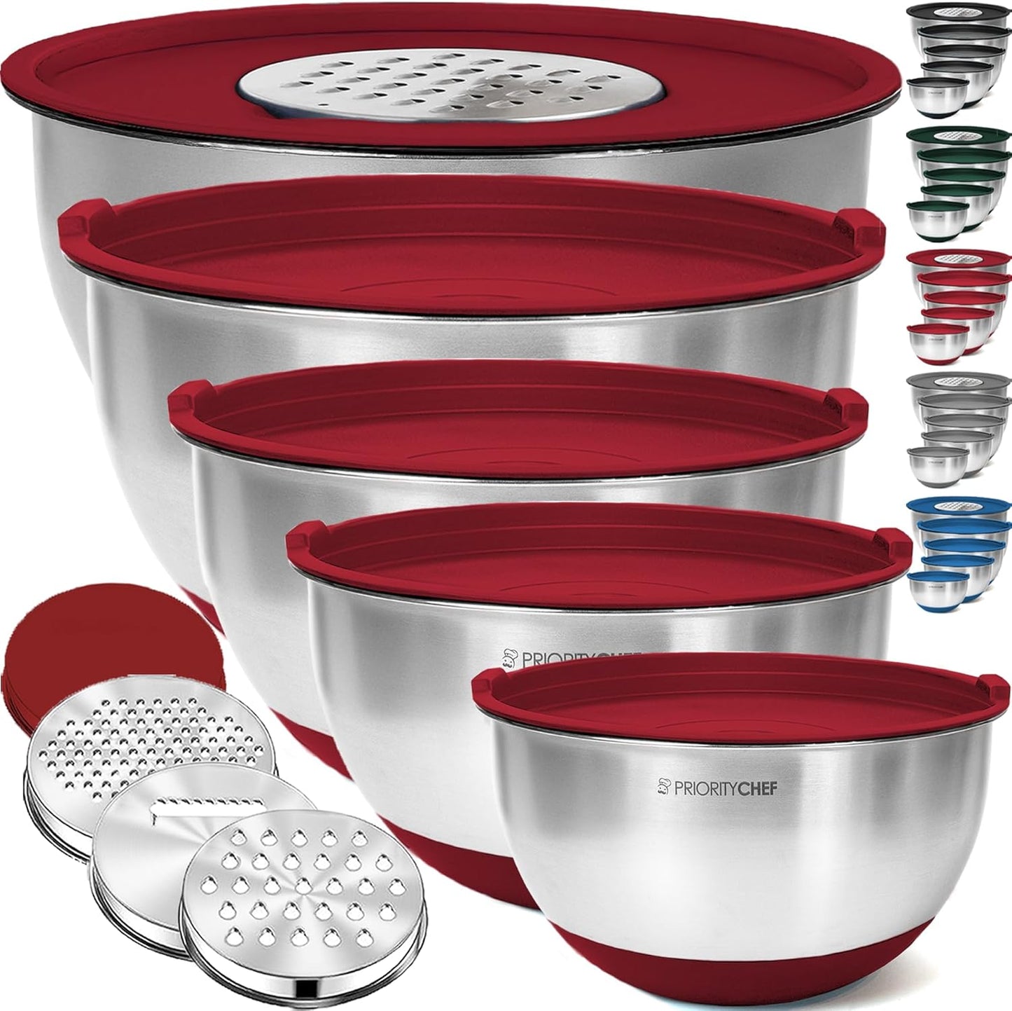 Priority Chef Stainless Steel Mixing Bowls with Lids Set, 3 Grater Attachments, Airtight Lids, Non-Slip Silicone Base Mixing Bowl Set, Large Prep Metal Mixing Bowls for Kitchen, Black