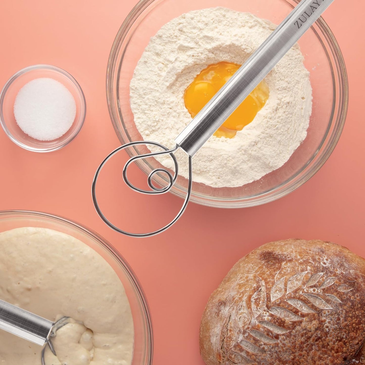 Zulay Kitchen 13-Inch Danish Dough Whisk - Stainless Steel Wooden Whisk with Dough Hook - Sourdough Whisk for Bread, Pizza, Pastry, Cake Batter & More - Wood
