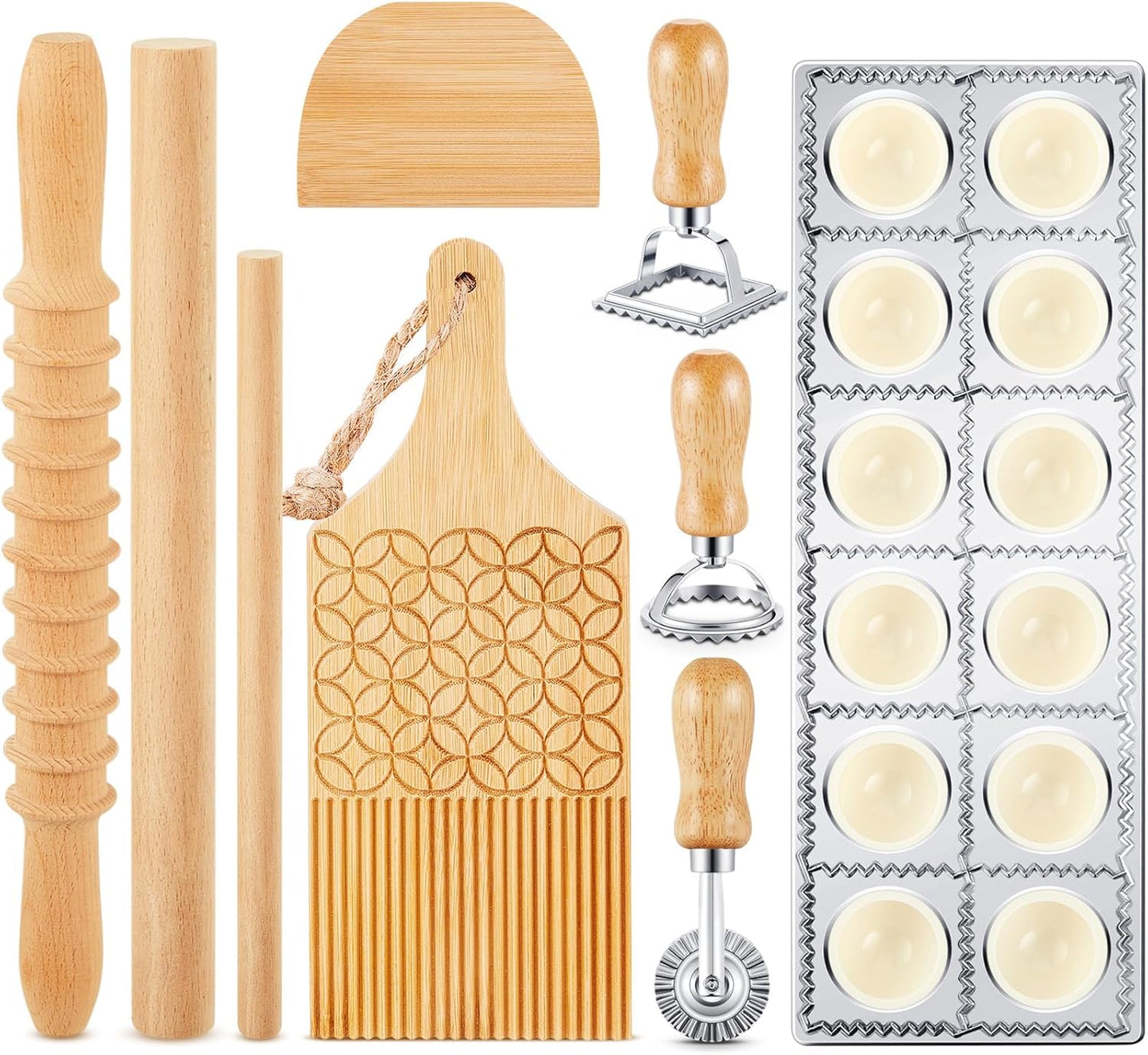 Tioncy 7 Pcs Pasta Making Tool Set Kitchen Gift, Wood Gnocchi Board with Ravioli Stamp Ravioli Maker Rolling Pin Gnocchi Garganelli Italian Pasta Tools for Beginners Home Cooks
