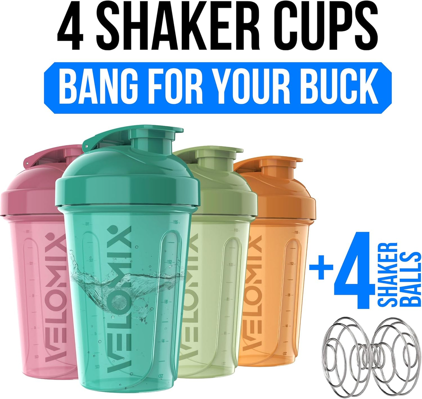 VELOMIX -4 PACK- 20 oz Protein Shaker Bottle for Protein Mixes - 4x Wire Whisk | Leak Proof Shaker Cups for Protein Shakes | Stackable Protein Shaker Bottle Pack | Dishwasher Safe (Blue Mirage)