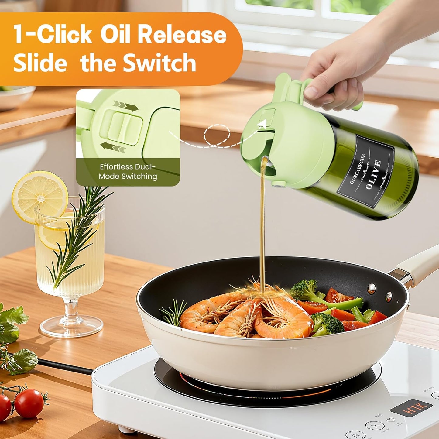 OURCABECUE 2 in 1 Olive Oil Sprayer for Cooking, 16oz/470ml Light-Blocking Dark Olive Oil Dispenser Bottle for Kitchen, Food-Grade Glass Oil Mister with 8 Oil Stickers