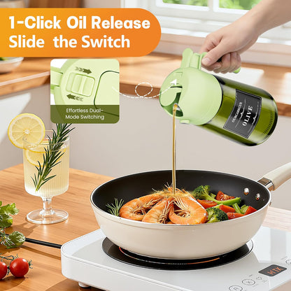 OURCABECUE 2 in 1 Olive Oil Sprayer for Cooking, 16oz/470ml Light-Blocking Dark Olive Oil Dispenser Bottle for Kitchen, Food-Grade Glass Oil Mister with 8 Oil Stickers