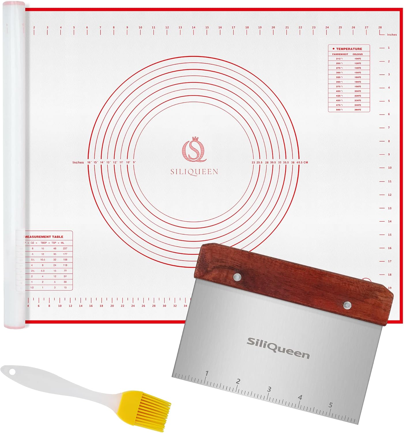 Silicone Pastry Baking Mat with Measurements Extra a Brush and a Dough Scraper- 27.5” x 20” Heat Resistant, BPA Free, Non-Stick Non-Slip Pastry Mat for Rolling Dough, Easy to Clean, Red