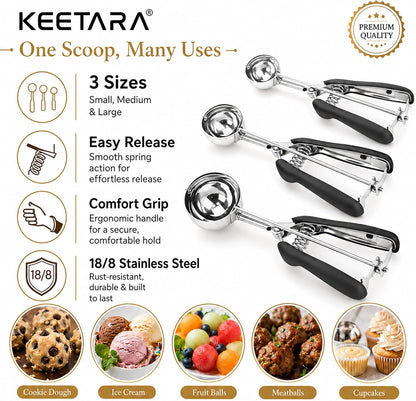 Cookie Scoop Set, Cookie Scoops for Baking Set of 3, Cookie Dough Scoop, Small/Large Ice Cream Scoop, 1/2/3 Tbsp Cookie Scoop with Trigger, Ice Cream Scooper, 18/8 Stainless Steel, Non-Slip