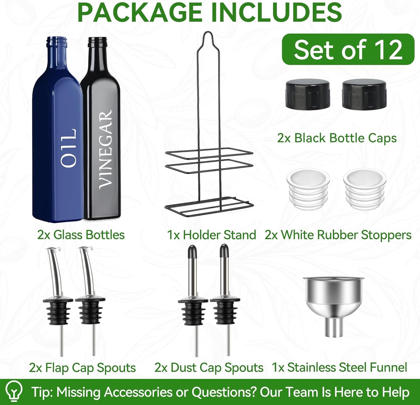 Vakoo Oil and Vinegar Dispenser Set - 17oz/500ml, Extra Thick Glass, Leak-Proof, Olive Oil Dispenser Bottle for Kitchen (White Black)