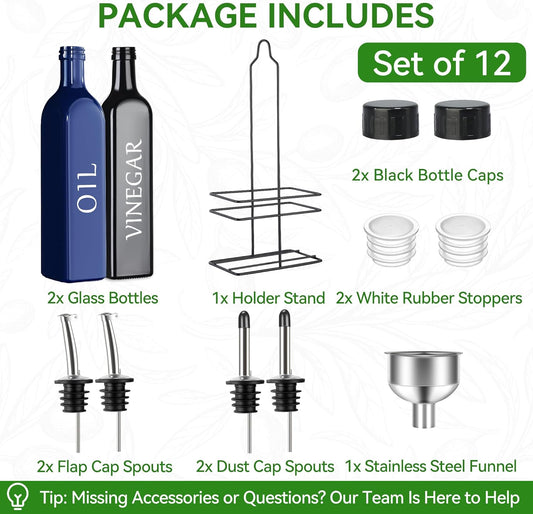 Vakoo Oil and Vinegar Dispenser Set - 17oz/500ml, Extra Thick Glass, Leak-Proof, Olive Oil Dispenser Bottle for Kitchen (White Black)