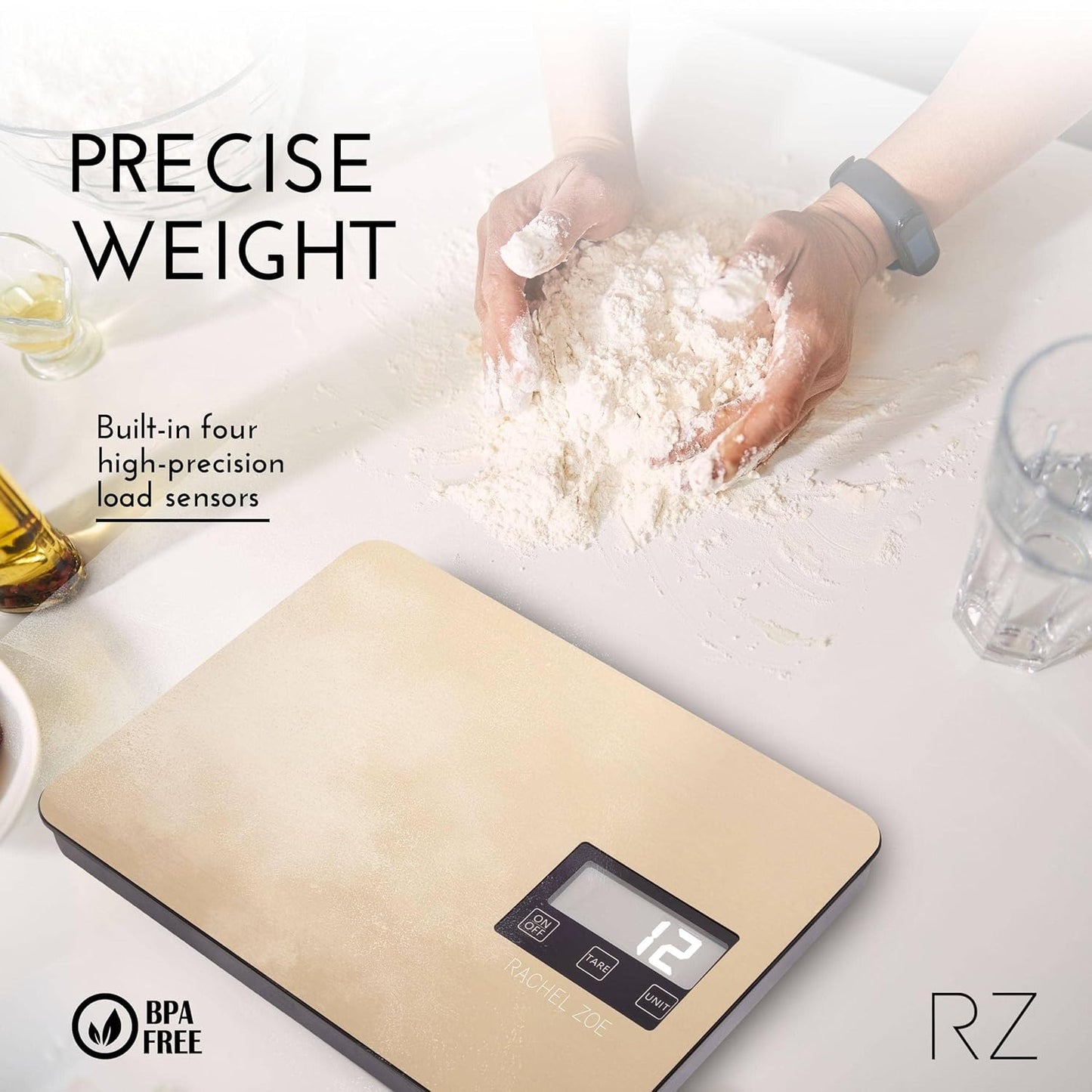 Rachel Zoe Digital Kitchen Food Scale with Non-Slip Base for Home and Kitchen, Measures in Pounds, Grams, Milliliters & Kilograms, Battery Operated Aluminum Electric Scale for Meals, Baking & Diets