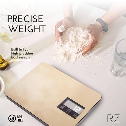 Rachel Zoe Digital Kitchen Food Scale with Non-Slip Base for Home and Kitchen, Measures in Pounds, Grams, Milliliters & Kilograms, Battery Operated Aluminum Electric Scale for Meals, Baking & Diets