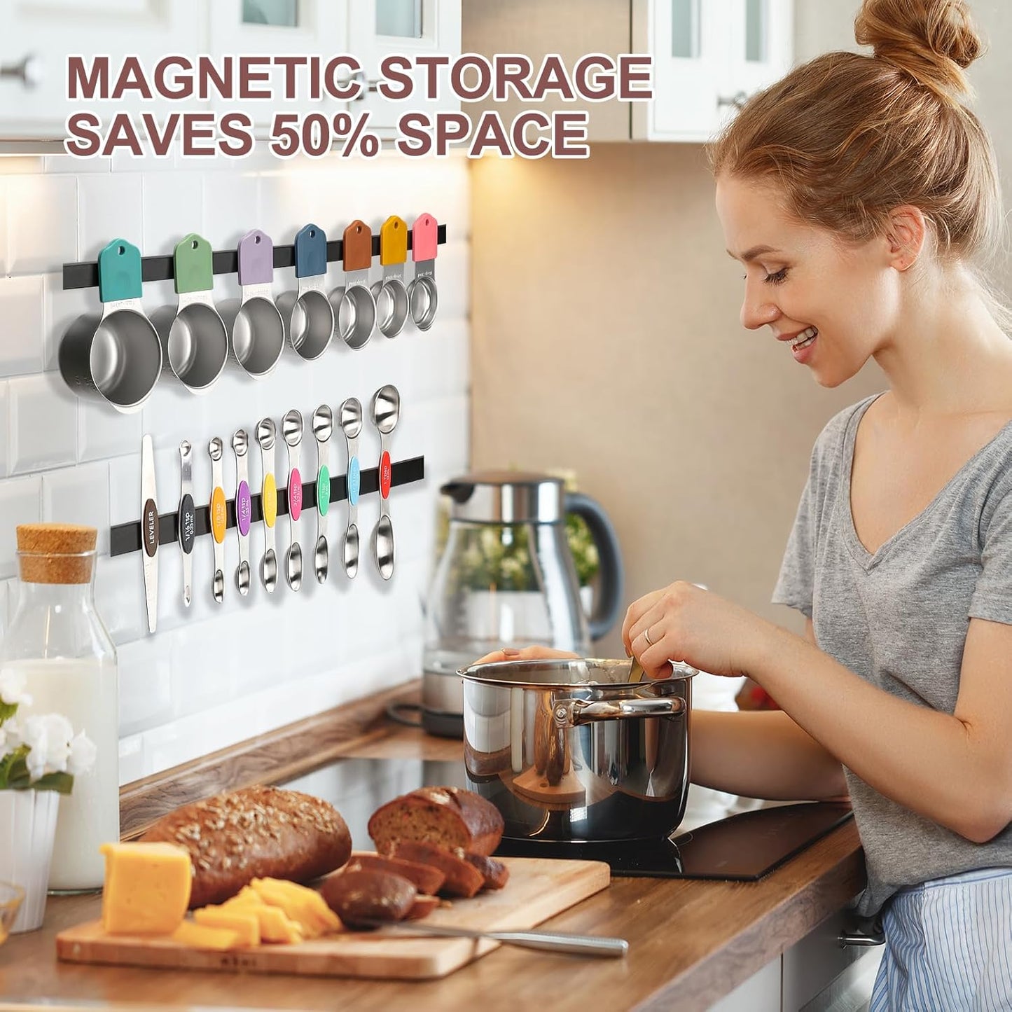 16-Piece Stainless Steel Measuring Cups and Spoons Set, Strong Magnetic Nesting Design 7 Cups 8 Spoons with Leveler, Double Measurement Markings for Dry & Liquid Ingredients, Gold