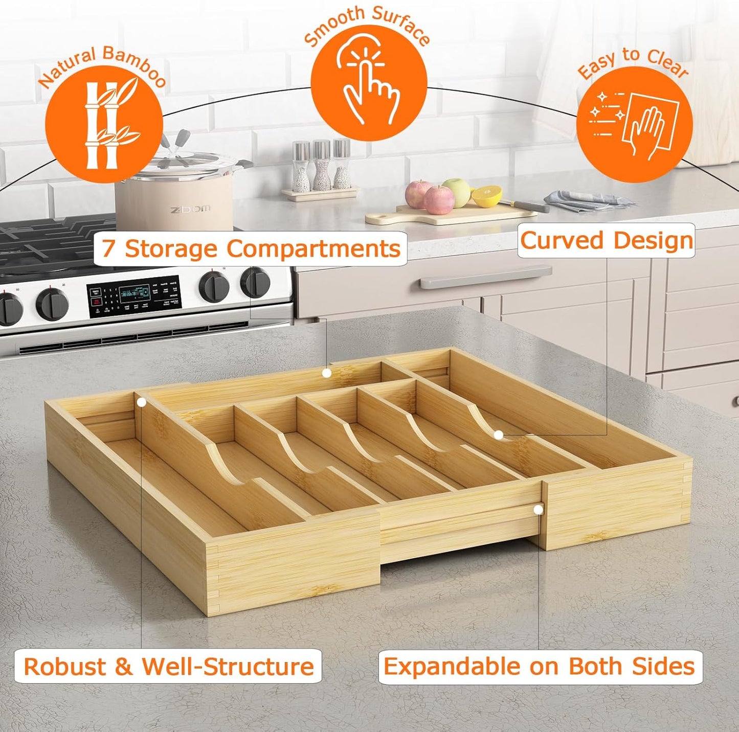 Youpehom Bamboo Utensil Organizer for Kitchen Drawers, Utensil Tray and Cutlery Silverware Holder,Wood Drawer Dividers with 5 Slots