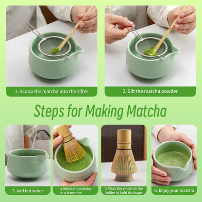 TEANAGOO Matcha Whisk Set, 7 Pcs Matcha Set Blue, Matcha Kit for Ceremony, Matcha Tea Set for Making Breakfast/Latte, Ceramic Matcha Bowl(chawan) whith Spout and Whisk, Gift for Friend/Family