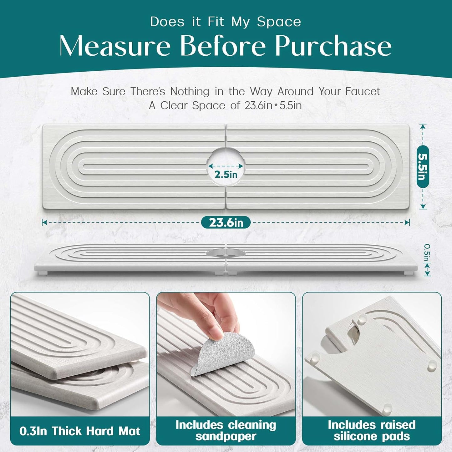 Eormoe Faucet Mat for Kitchen Sink – Diatomite Stone Drying Mat & Sink Protectors, Prevent Moisture – Sink Splash Guard Water-Absorbing Stone Tray for Bathroom Counter (Light Grey, 23.6" x 3.9")