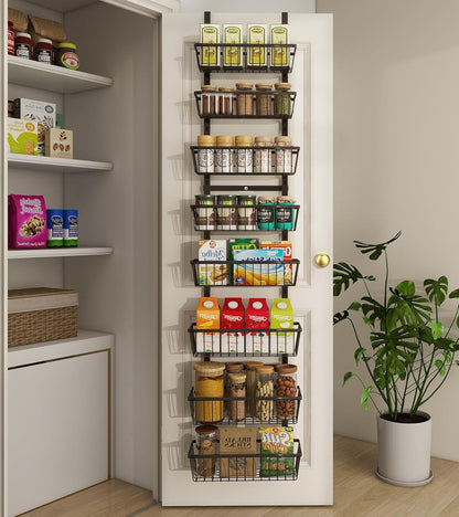 Mefirt White 9-Tier Over The Door Pantry Organizer, Pantry Organization and Storage, Deep Baskets Hanging Heavy-Duty Metal, Wall Spice Rack Seasoning Shelves for Home & Kitchen, Laundry Room Bathroom