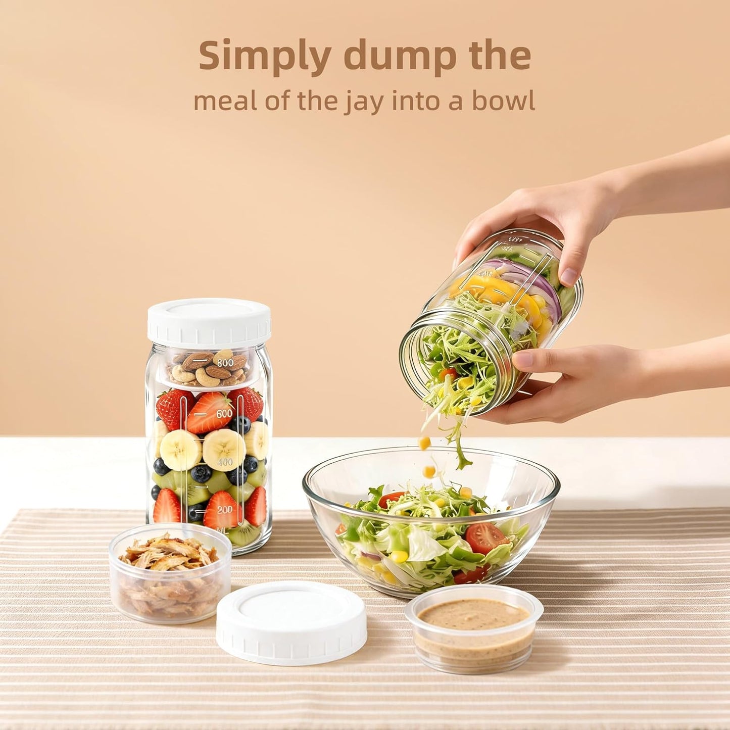 4Pack Glass Salad Jars with lids meal prep- 32oz Leakproof container for lunch | Comes with 2 Built-In Compartments for Wet/Dry Separation | salad dressing and dry ingredients storage.