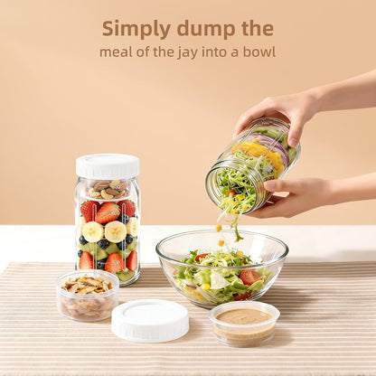 4Pack Glass Salad Jars with lids meal prep- 32oz Leakproof container for lunch | Comes with 2 Built-In Compartments for Wet/Dry Separation | salad dressing and dry ingredients storage.