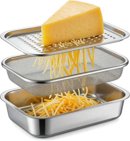 3 in 1 Box Grater with Container, Food-Grade 304 Stainless Steel Cheese Grater for Kitchen, Multi-Functional Cheese Shredder & Vegetable Grater with Flour Sieve