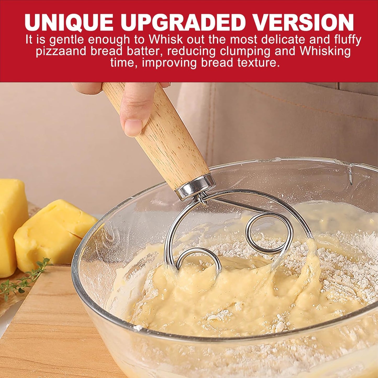 Danish Dough Whisk with Wooden Handle Stainless Steel Bread Mixer Hook Essential Tool for Sourdough Artisan Baking Kitchen Mixing