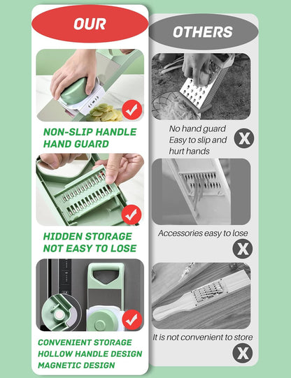 Vegetable Chopper, Mandoline Food Slicer Cutter with Handheld Container, 6 Blades and Blade Box, Cucumber Slicer, Magnetic Kitchen Tools for Veggie Potato Onion Carrot (Green(No magnet), 7 in 1)