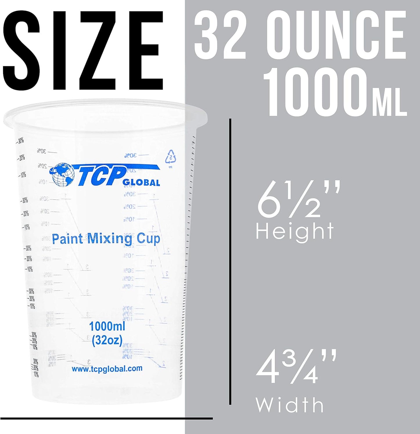 TCP Global 32 oz. (1000ml) Graduated Plastic Mixing Cups (Box of 50) - Disposable Plastic Measuring Cups for Liquids, Paints, Resin, Epoxy, Art, Kitchen - Ratios 2-1, 3-1, 4-1 ML