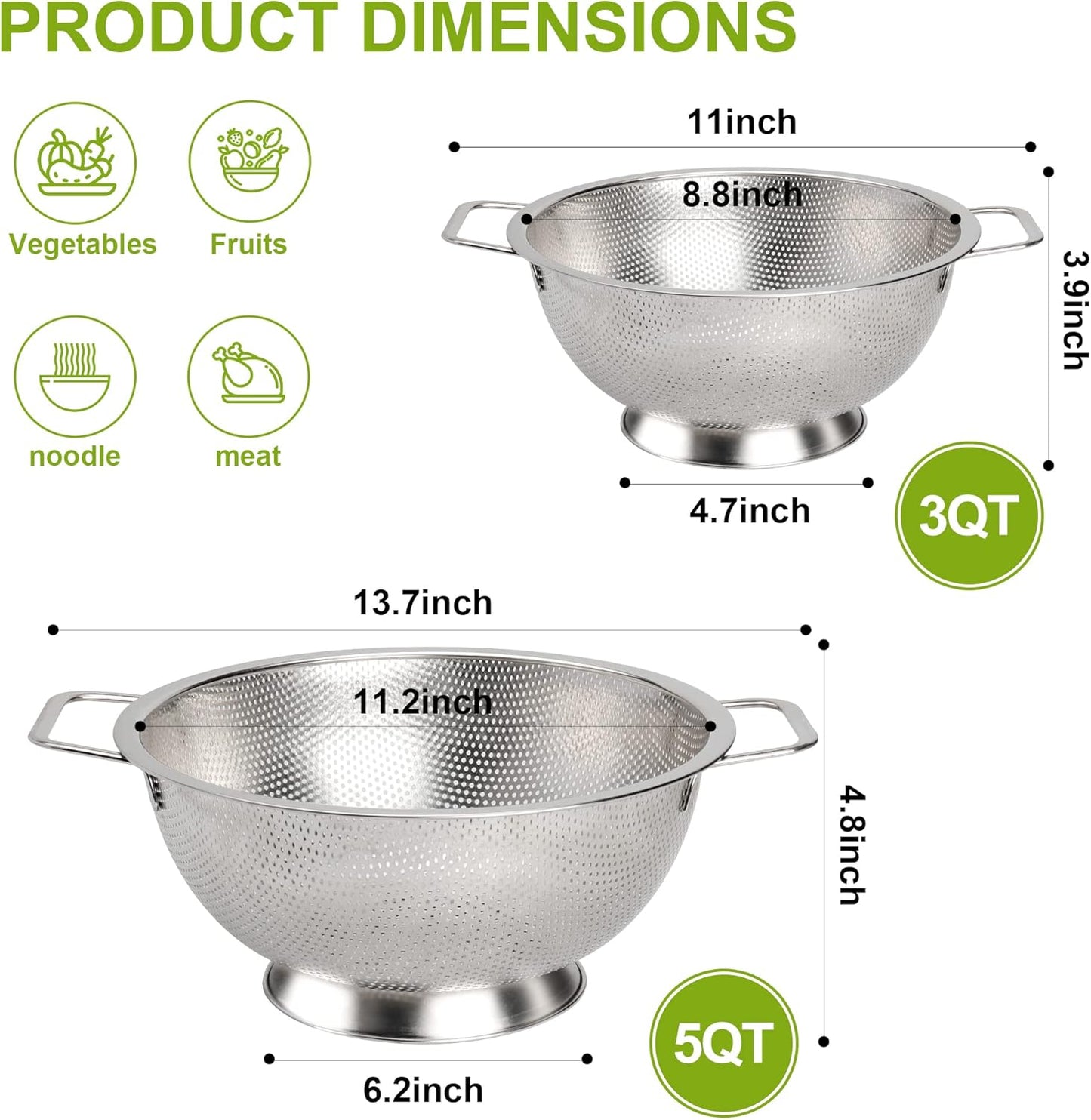 Gulex Colander Stainless Steel 3-Quart, Strainer for Kitchen Food, Dishwasher Safe