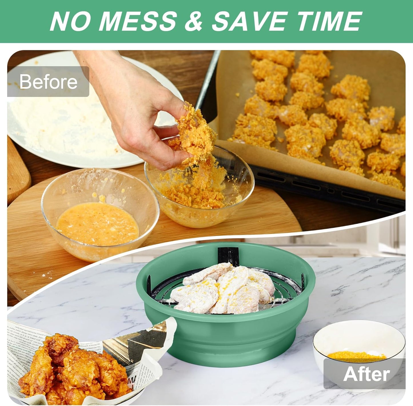 FJNATINH Collapsible Batter Bowl - Mess Free Better Breader Shaker Bowl with Lid Breading Shaker Container - Great for Fried Fish, Fried Chicken, Onion Rings, Wings & More,No Leak,Easy to Store