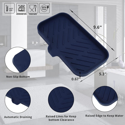 MicoYang Silicone Soap Dish with Drain Spout, Self-Draining Sink Organizer Tray for Bathroom and Kitchen, Sponges, Dispensers and Soap Holder, Non-Slip and Dishwasher Safe, Black (Compact, 4.9"×3.2")