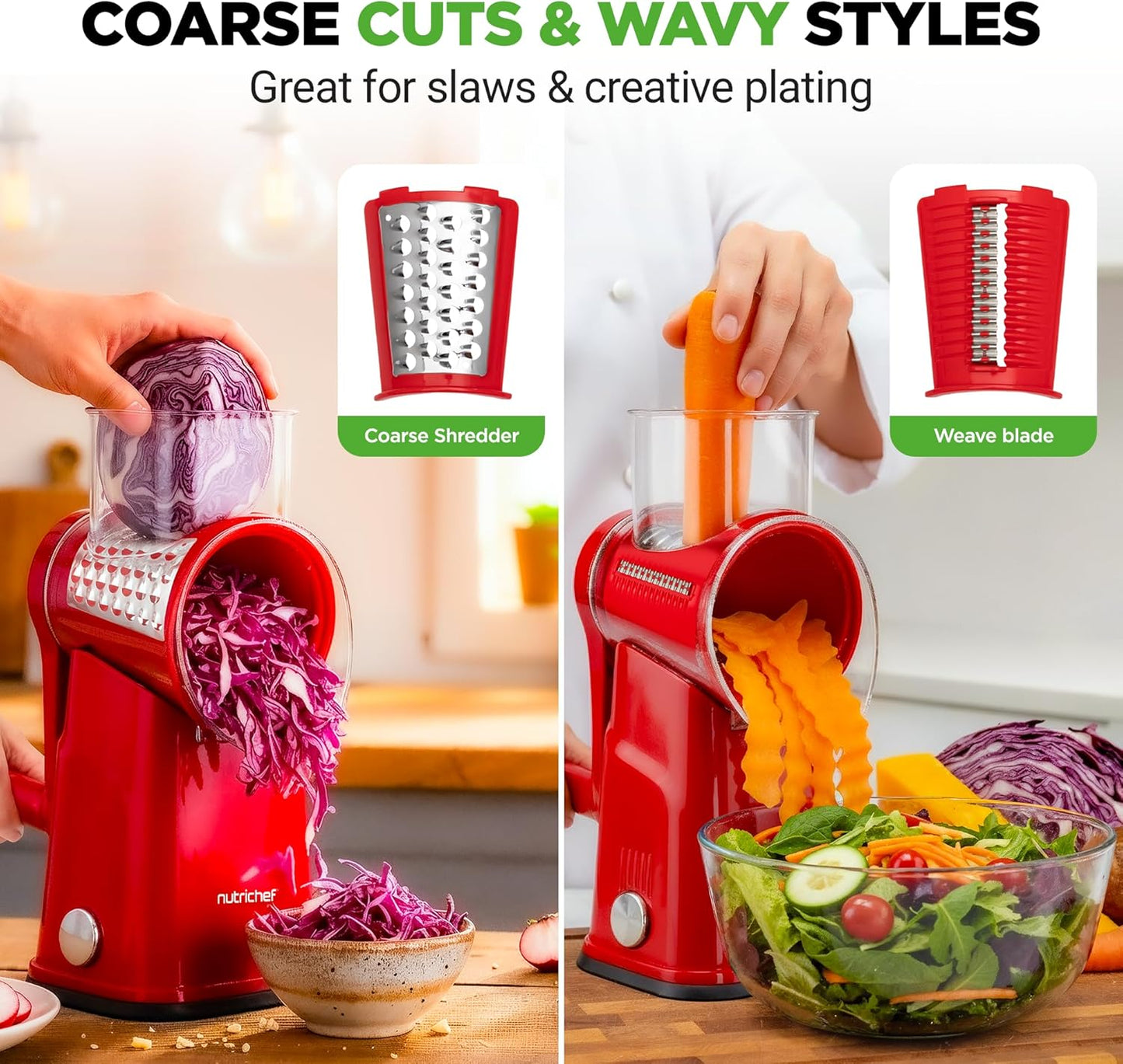 NutriChef 5 in 1 Cheese Grater & Shredder | 5 Different Blades for Thin, Thick, Julienne Strips, Wavy, & Straight Strips | Includes Hand Crank, Strong Suction Base & Storage Container | Black