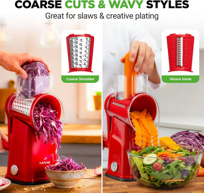 NutriChef 5 in 1 Cheese Grater & Shredder | 5 Different Blades for Thin, Thick, Julienne Strips, Wavy, & Straight Strips | Includes Hand Crank, Strong Suction Base & Storage Container | Black