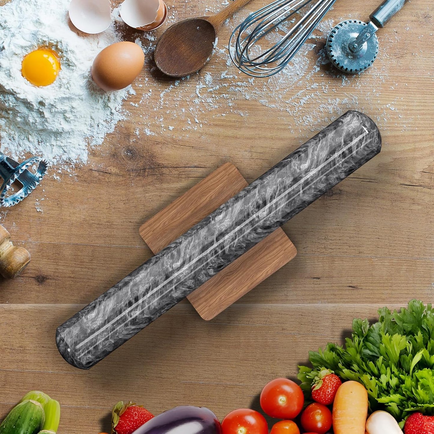 French Rolling Pin for Baking, FiiMan 12 Inch Marble Rolling Pins with Wooden Stand, Heavy Stone French Polished Non-Stick Roller Pins For Baking Cookie Pizza Pastry (Black)