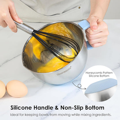 Rorence Stainless Steel Non-Slip Mixing Bowls With Pour Spout, Handle and Lid, Set of 3, Black