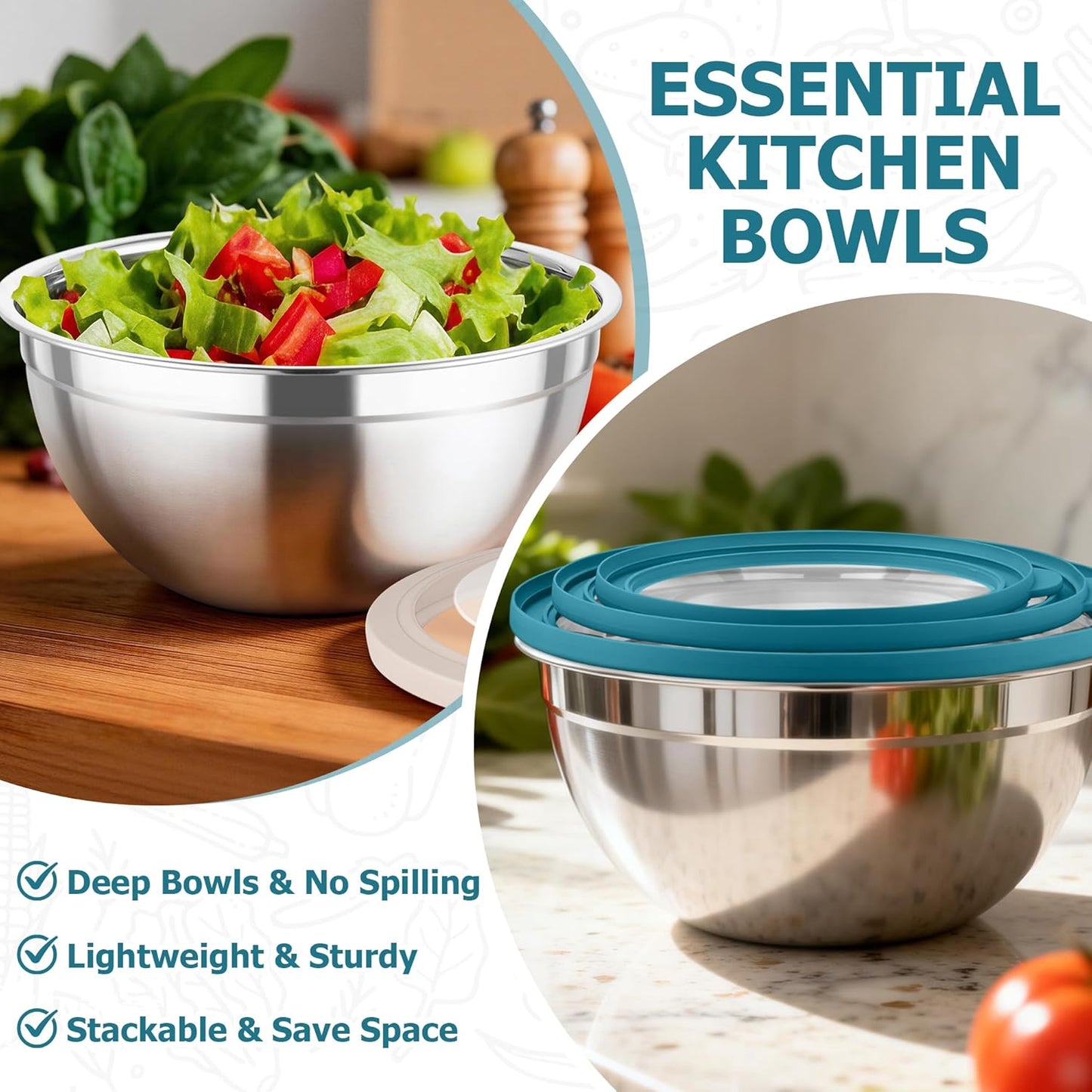 TeamFar Mixing Bowls with Lids, 4.5/3/1.5 QT Stainless Steel Nesting Salad Bowls with Airtight Lids, For Serving/Mixing/Storing/Prepping, Healthy & Sturdy, Visible & Easy Clean, Khaki, Set of 3