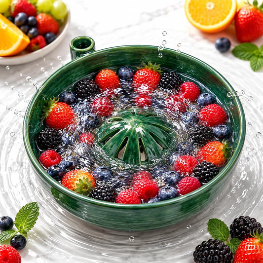 Self Spinning Berry Washing Bowl Ceramic with Drain Holes, Automatic Berry Wash Bowl for Fruits & Vegetables (1PC)