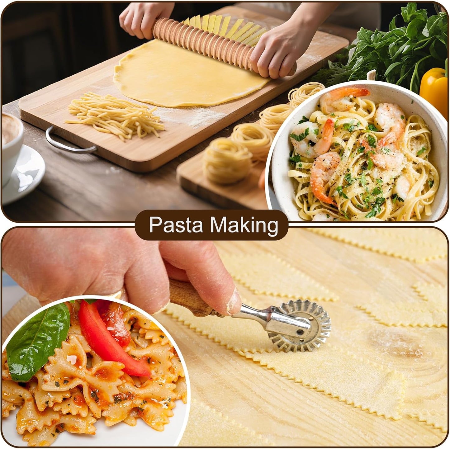 Ravioli Cutter Set - 10 Pieces Ravioli Press Mold, Round & Square Ravioli Stamp, Ravioli Cutter Wheel, Wood Rolling Pin, Pasta Making Kit for Ravioli Mold