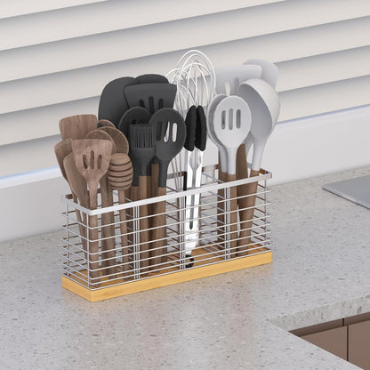 Suli Extra Large Kitchen Utensil Holder Countertop with 4 Compartments,Matte Black Metal holder with Wooden Base for Countertop,Farmhouse Utensil Organizer for counter,Rustic Cooking Utensil Organizer