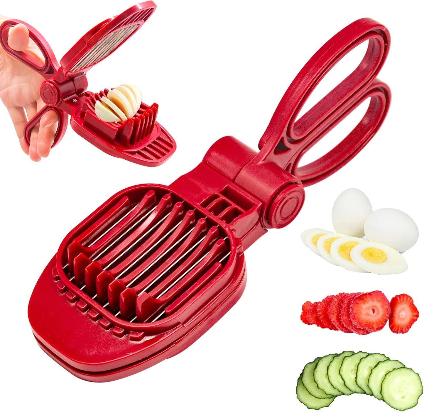 Fruit Slicer, Strawberry, Banana, Kiwi Cutter, Egg Slicer for Hard Boiled Eggs, for Fruit Sausages, Cucumbers, Mushroom Cutter, Rapid & Safe Slicing Kitchen Gadgets (Red)