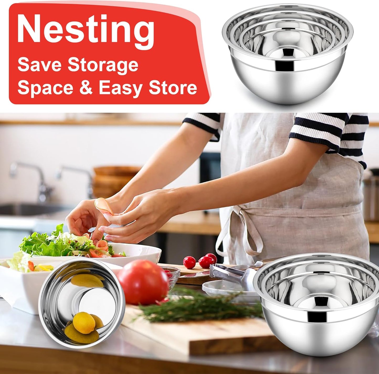 E-far Mixing Bowls with Lids, 6-Piece Stainless Steel Salad Bowls Metal Nesting Bowls for Baking Cooking and Prepping, Airtight Lids & Stackable Design, Size 4.5, 3, 1.5 QT (Black)