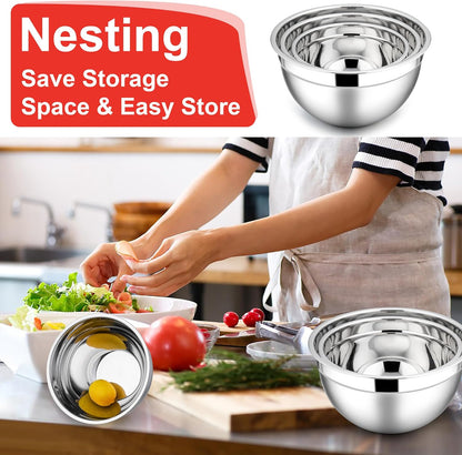 E-far Mixing Bowls with Lids, 6-Piece Stainless Steel Salad Bowls Metal Nesting Bowls for Baking Cooking and Prepping, Airtight Lids & Stackable Design, Size 4.5, 3, 1.5 QT (Black)