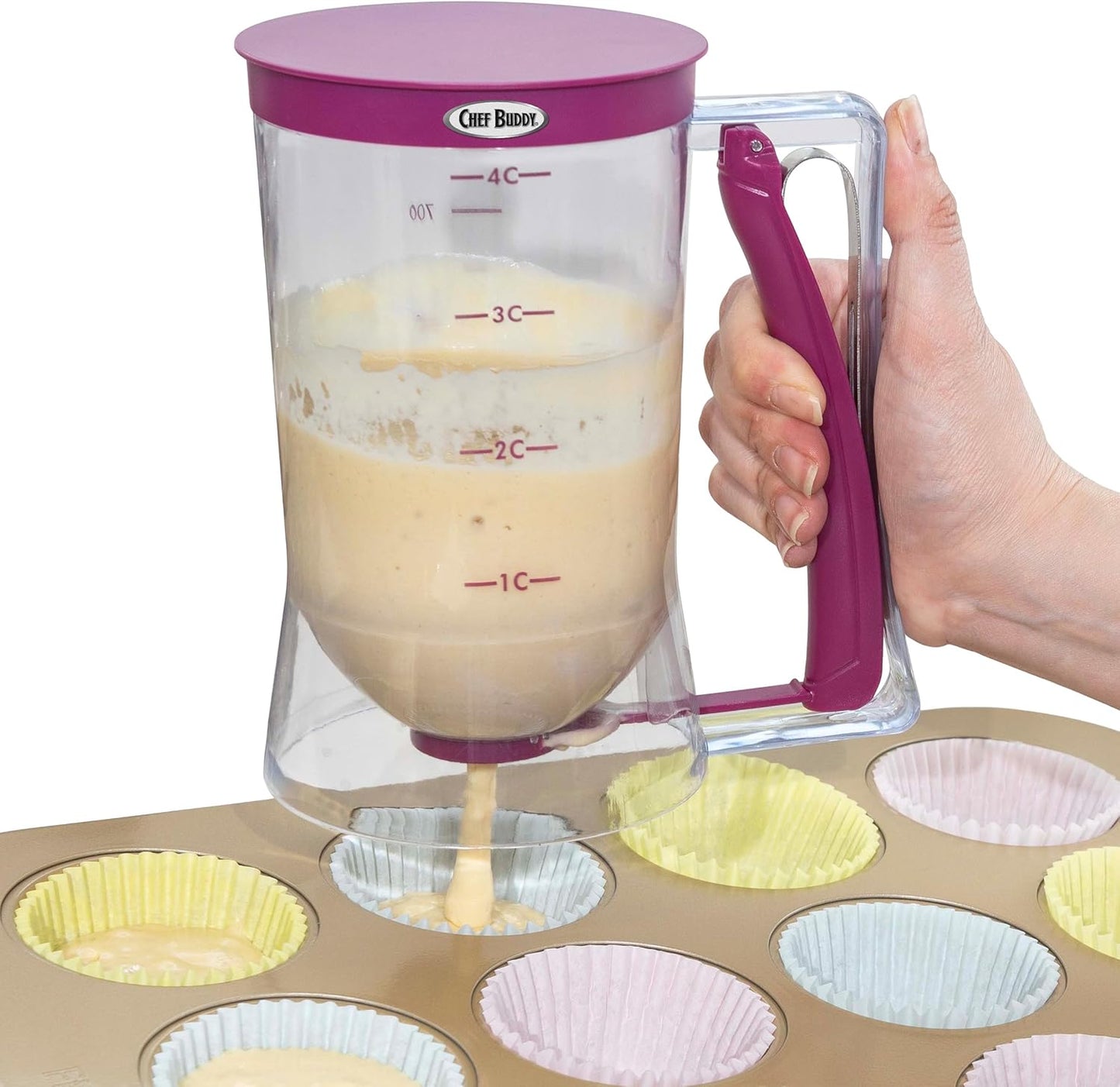 Pancake Batter Dispenser - 4-Cup Batter Dispenser with Squeeze Handle for Pancakes, Waffles, Muffins, and Crepes - Baking Tools (Purple)