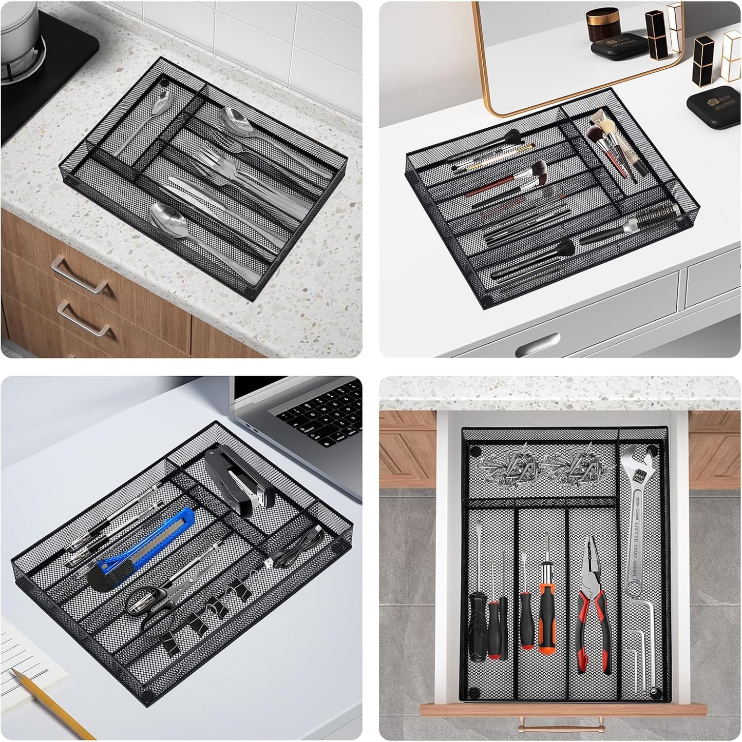 Neudeco Silverware Drawer Organizer - 5 Compartment Cutlery Tray with Non-Slip Feet, Mesh Wire Flatware Storage Divider for Kitchen, Bedroom, Living Room (Silver)